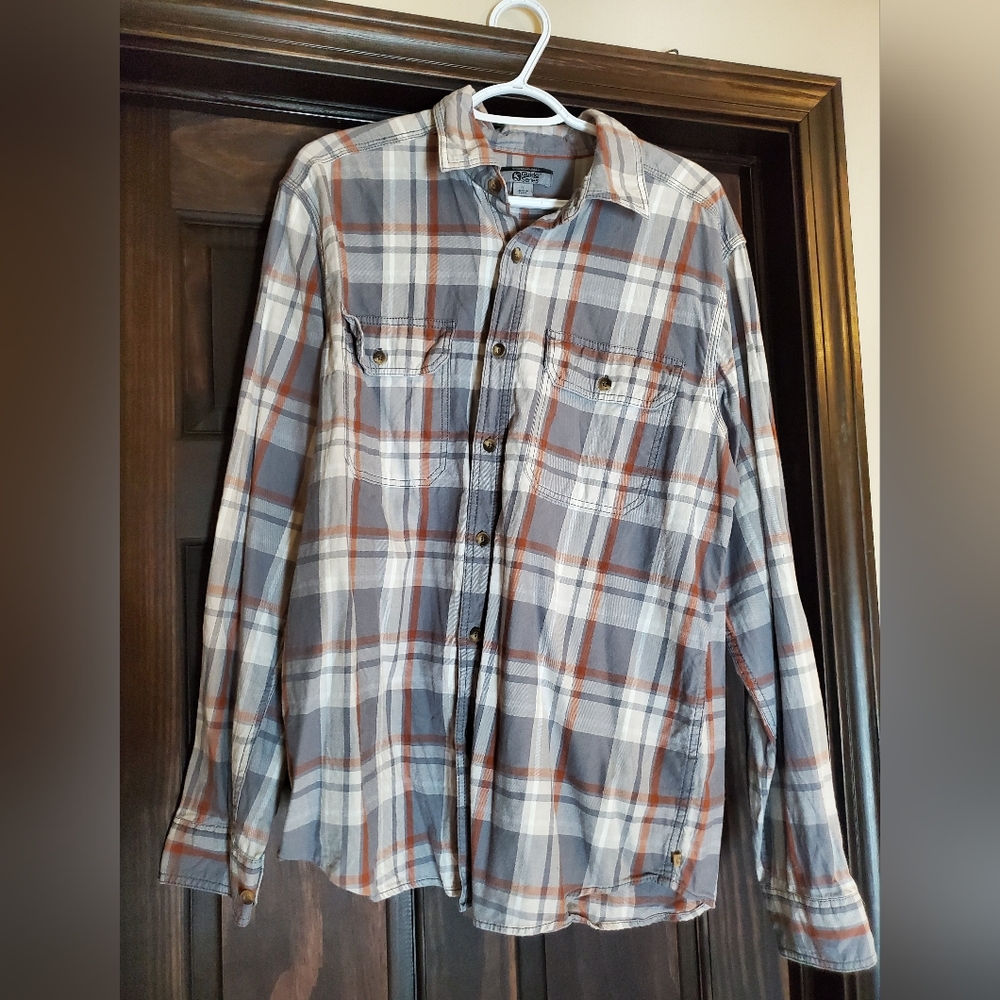 Gander Mountain Guide Series L Plaid Gray, White, and Orange Button Down